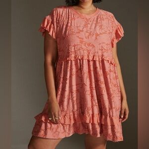 Anthropologie Ruffle Knit Cap Sleeve Appliqué Mini Dress boho Cottagecore